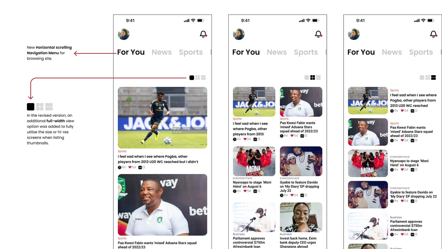 Three For You feed screens with tabs for For You, News and Sports, and a full-width view option.