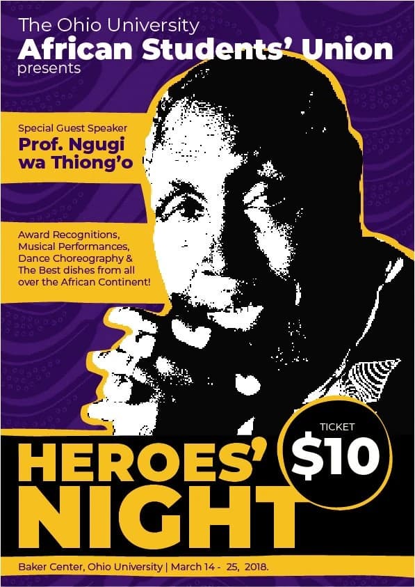 Heroes' Night poster in purple, black and yellow: a high-contrast portrait of the guest speaker, Prof. Ngũgĩ wa Thiong'o, with a $10 ticket badge.