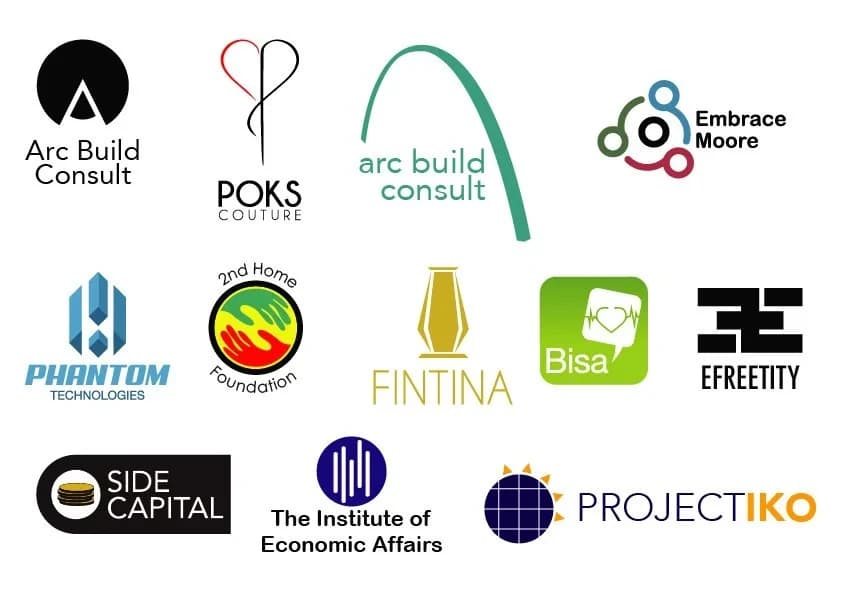 A sheet of logos: Arc Build Consult, POKS Couture, Embrace Moore, Phantom Technologies, 2nd Home Foundation, Fintina, Bisa, Efreetity, Side Capital, The Institute of Economic Affairs and Project IKO.