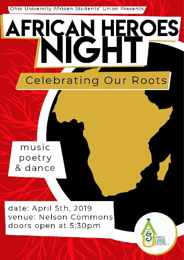 African Heroes Night poster on red: a gold map of Africa inside a black circle, 'Celebrating Our Roots', music, poetry and dance, April 5th 2019 at Nelson Commons.