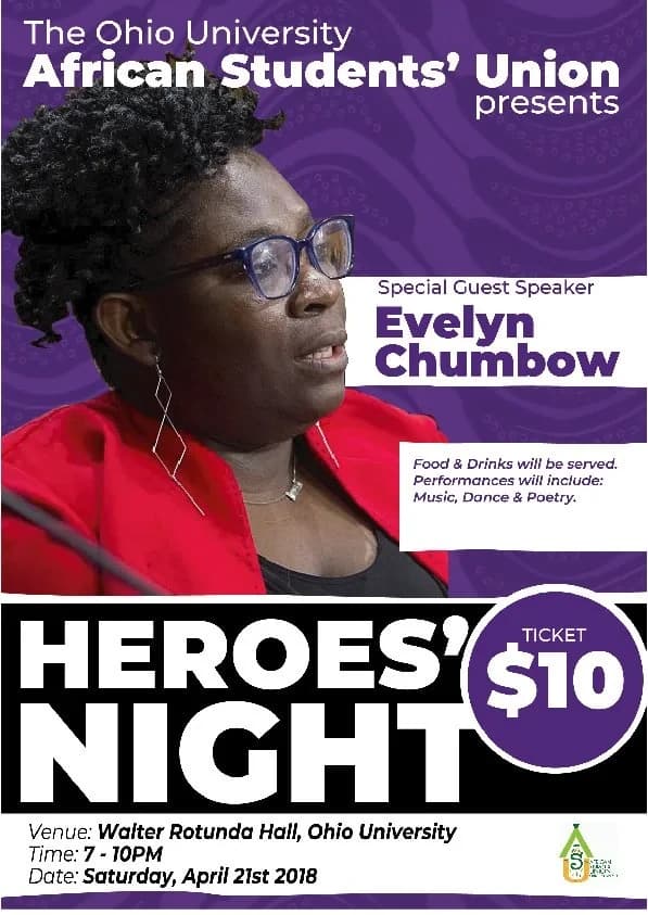 Heroes' Night poster in purple and red: a photograph of the guest speaker, Evelyn Chumbow, with a $10 ticket badge, April 21st 2018 at Walter Rotunda Hall.