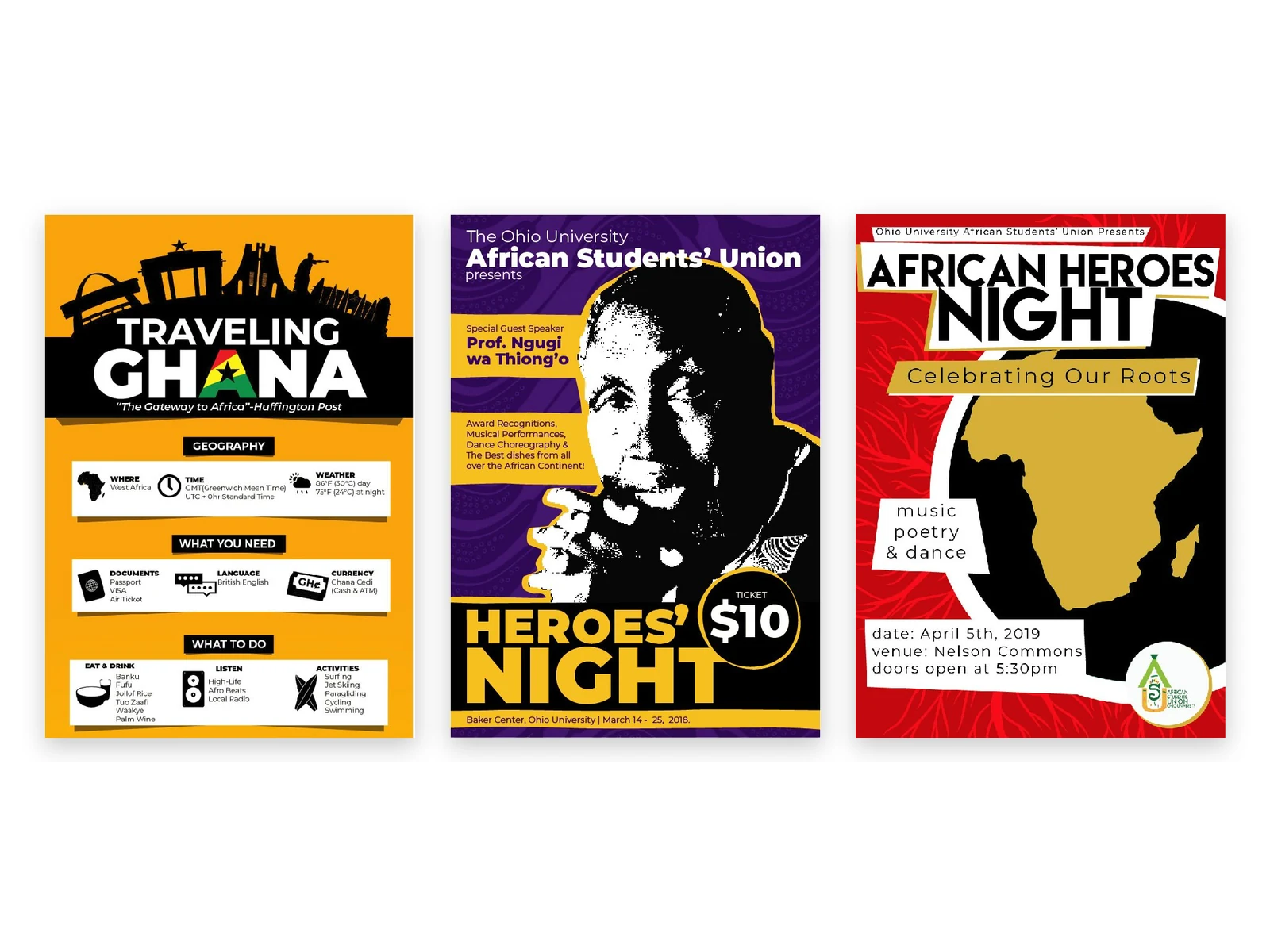 Three posters side by side: Traveling Ghana, Heroes' Night 2018 and African Heroes Night 2019.