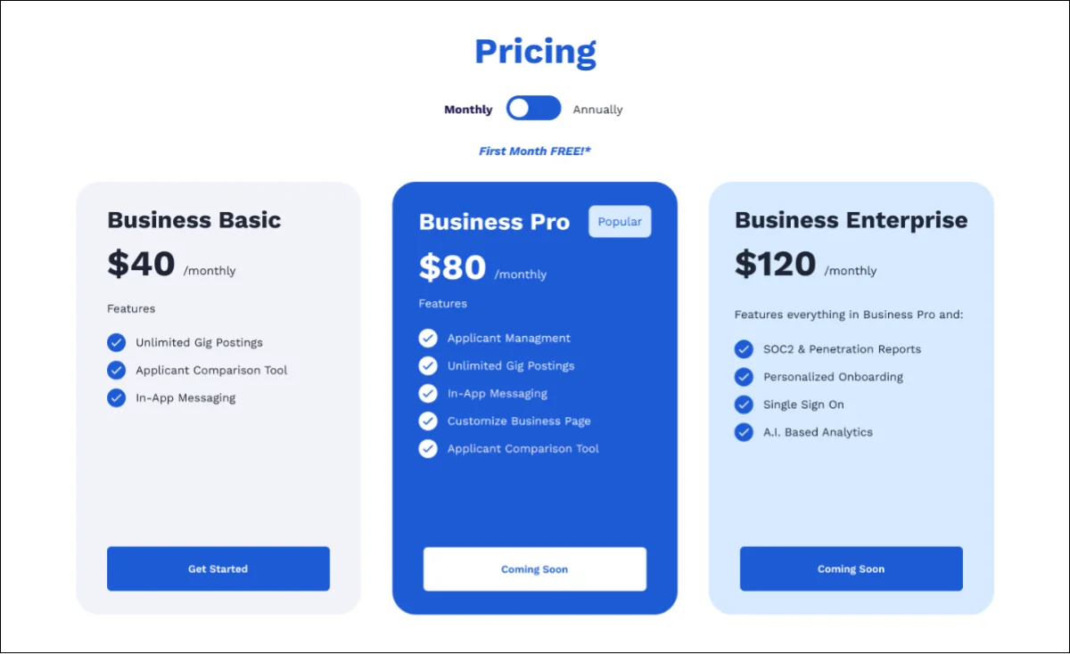 Facility pricing: Business Basic at $40 a month, Business Pro at $80 (popular), Business Enterprise at $120.
