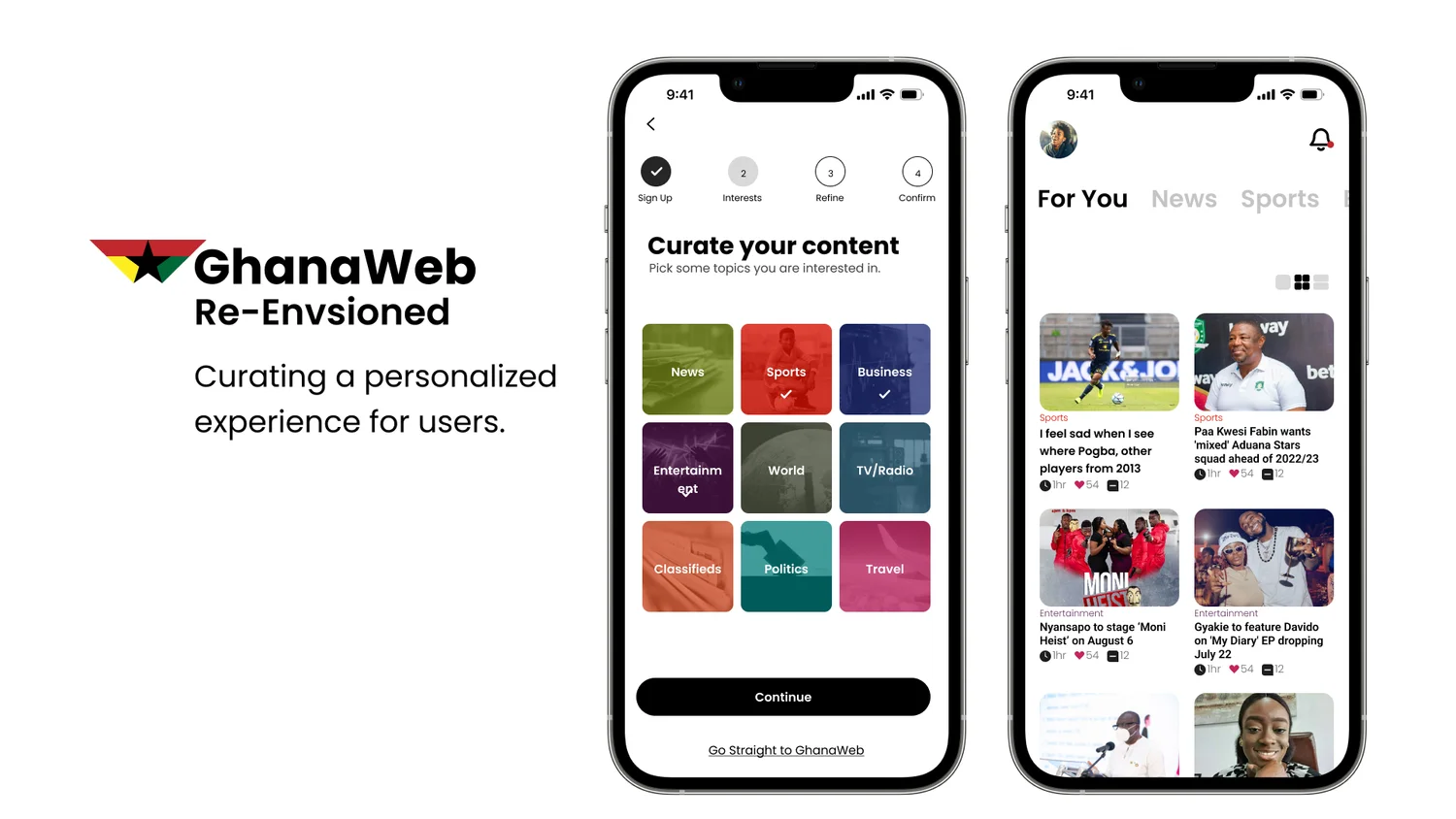 GhanaWeb Re-Envisioned: two phone screens, a “Curate your content” category picker and a personalized For You feed.