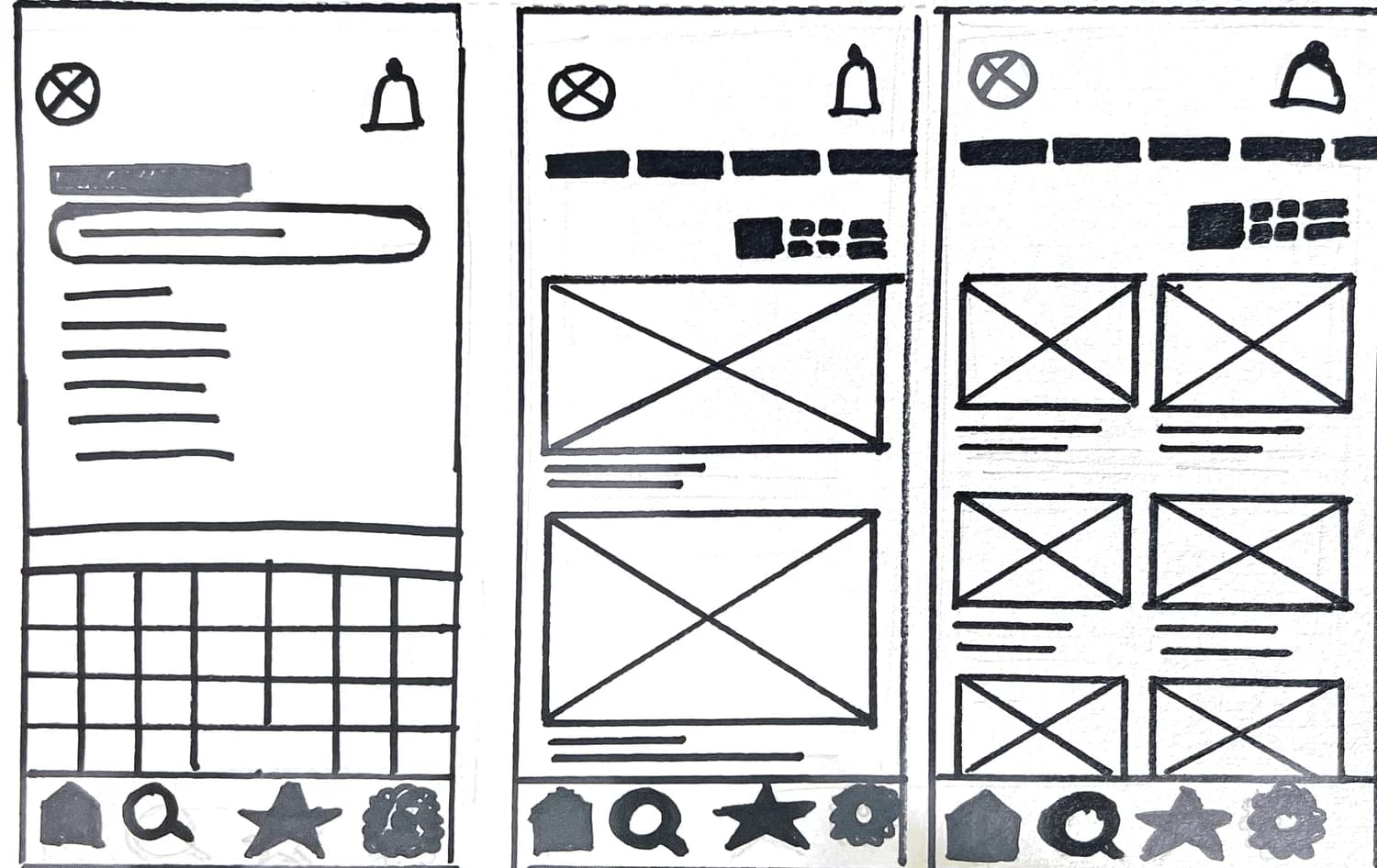 Paper sketches of three phone screens: search, a feed of image cards and a category grid, each with a bottom navigation bar.