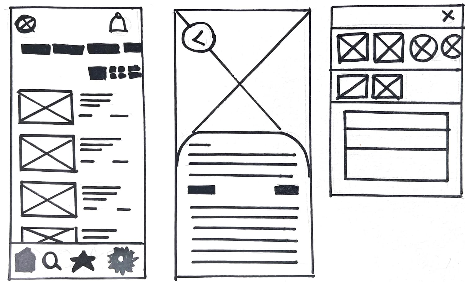 Paper sketches of an article view, a loading state and a category picker.