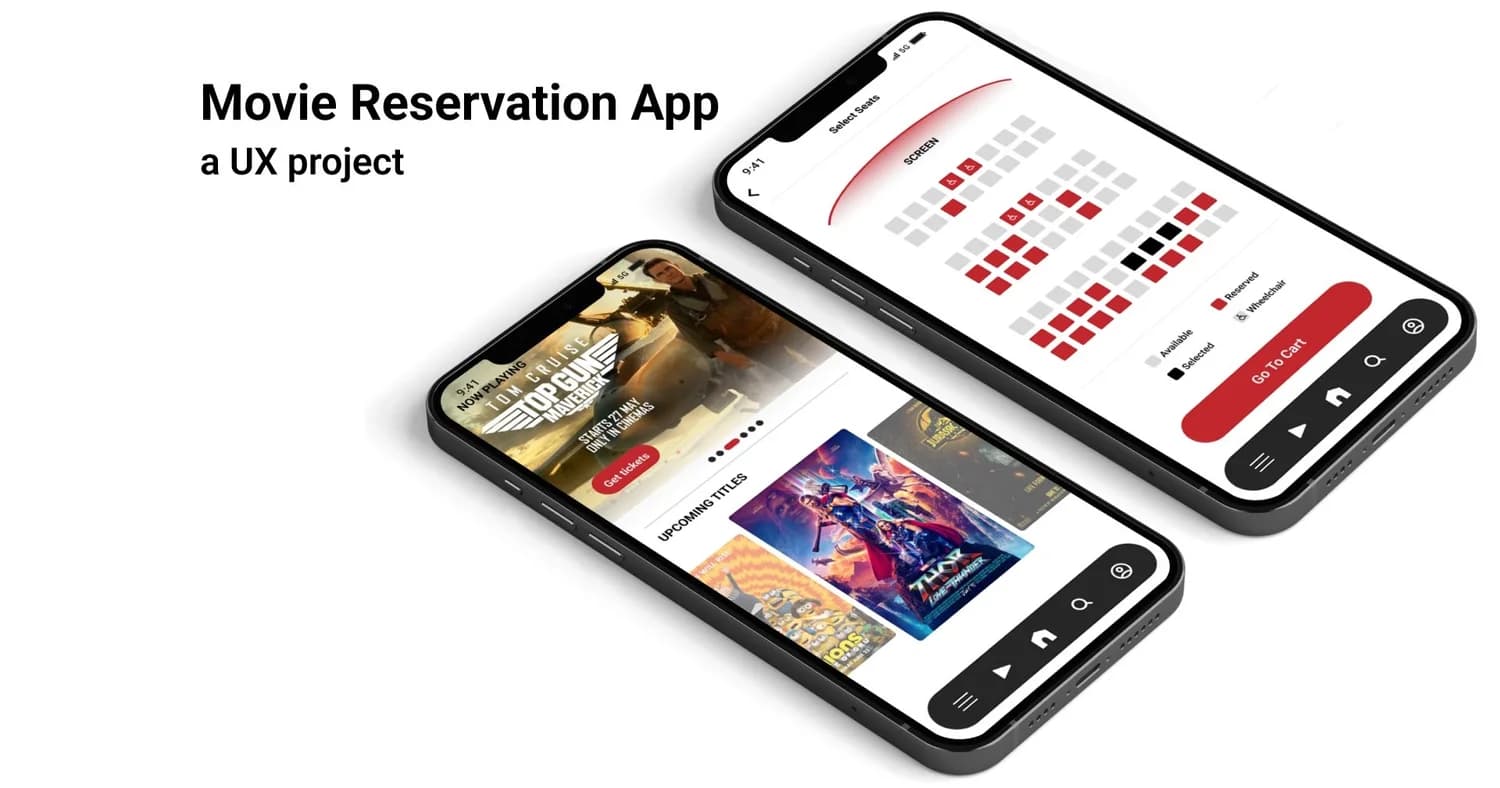 Movie Reservation App: two phones showing a red-accented seat map and a now-showing screen.