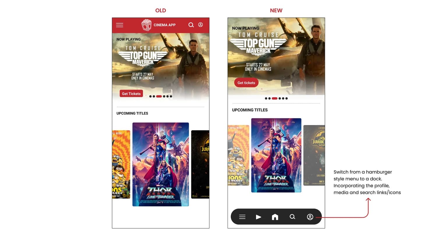 Before and after: the old home screen with a hamburger menu beside the new one with a bottom dock, annotated.