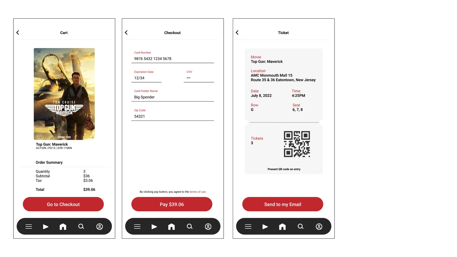 Final checkout screens: cart, payment and a ticket with a QR code.
