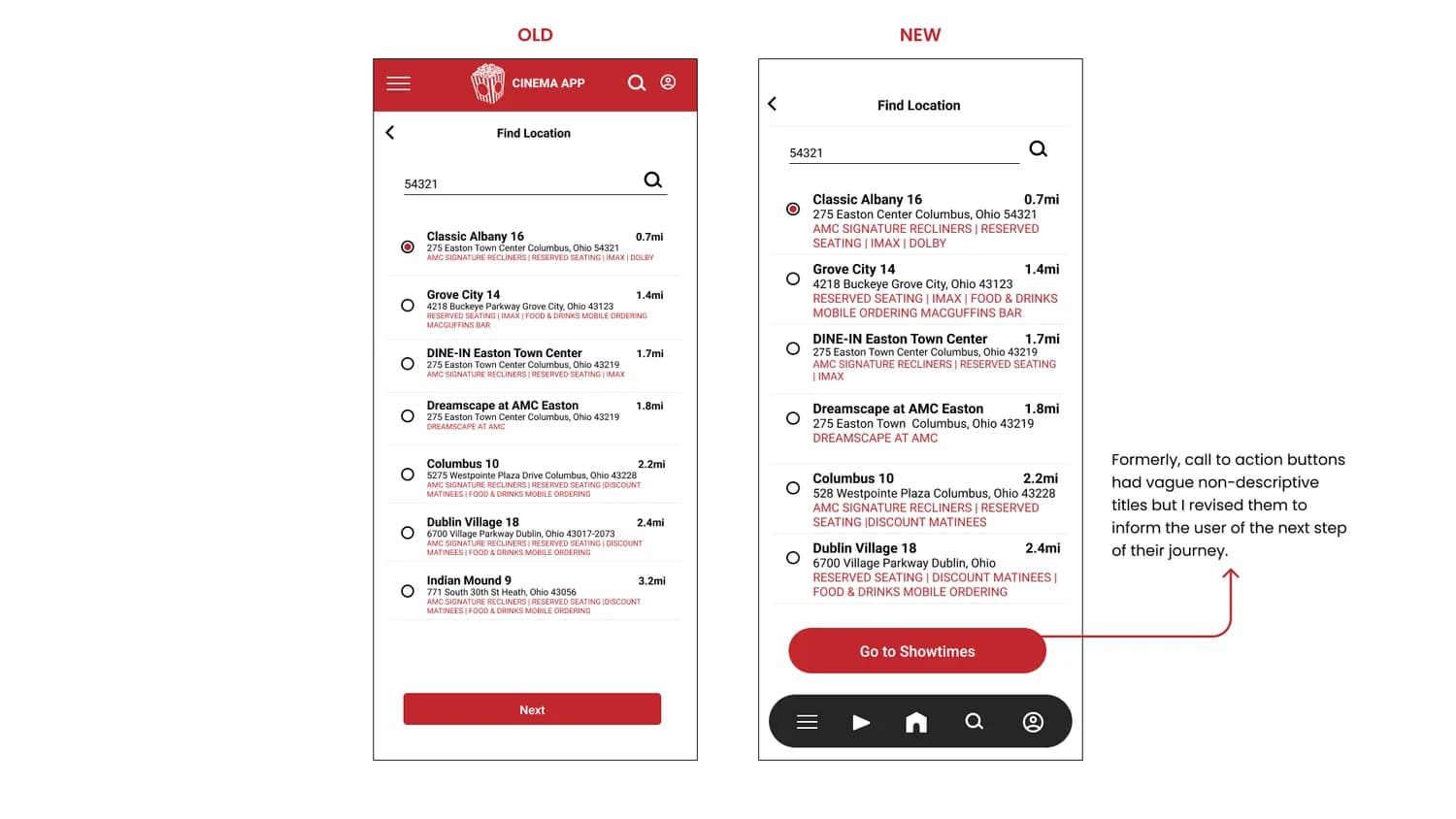 Before and after: the theater list with a generic “Next” button beside the revised one reading “Go to Showtimes”.