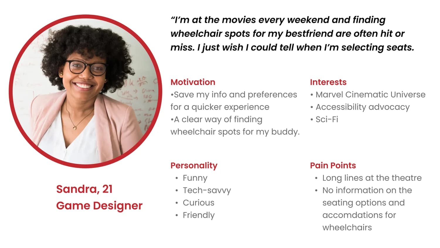Persona: Sandra, 21, game designer — motivation, interests, personality and pain points, with a quote about wheelchair spots for her best friend.