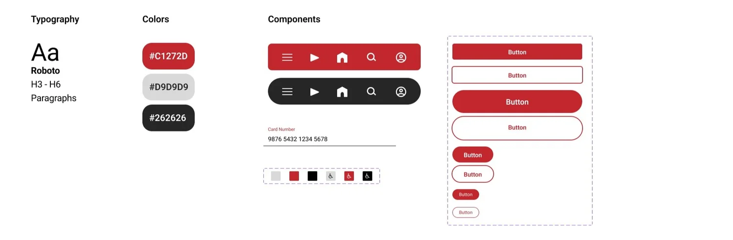 Style guide: Roboto type, a crimson #C1272D with near-black #090909 and #262626, buttons and navigation components.
