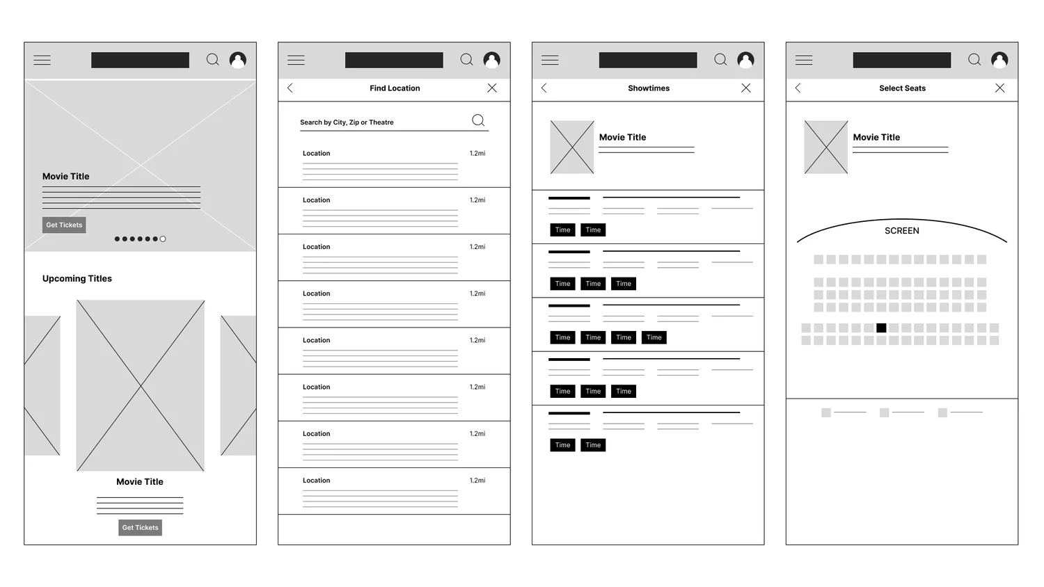 Digital wireframes: home with upcoming titles, location search, showtimes and seat selection.