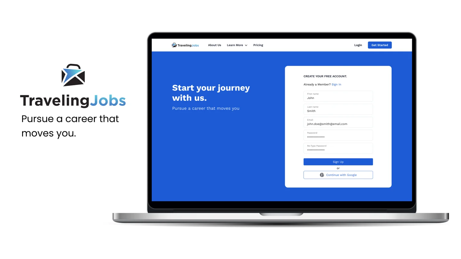 Traveling Jobs sign-up screen on a laptop: a blue panel reading “Start your journey with us” beside a create-account form.