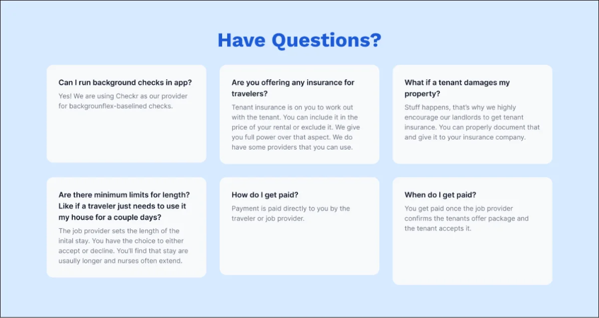 FAQ grid answering background checks, traveler insurance, property damage, minimum stay length, and how and when owners are paid.