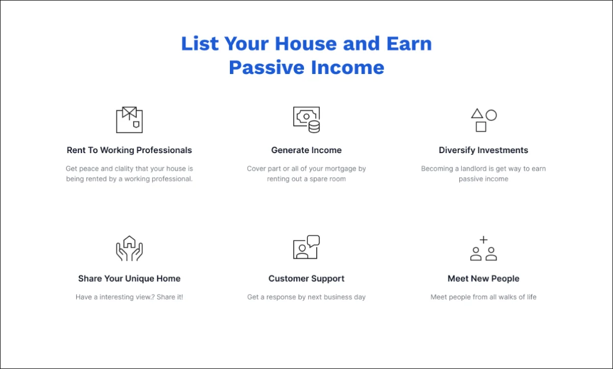 Landlord page: “List Your House and Earn Passive Income” with six benefit tiles.