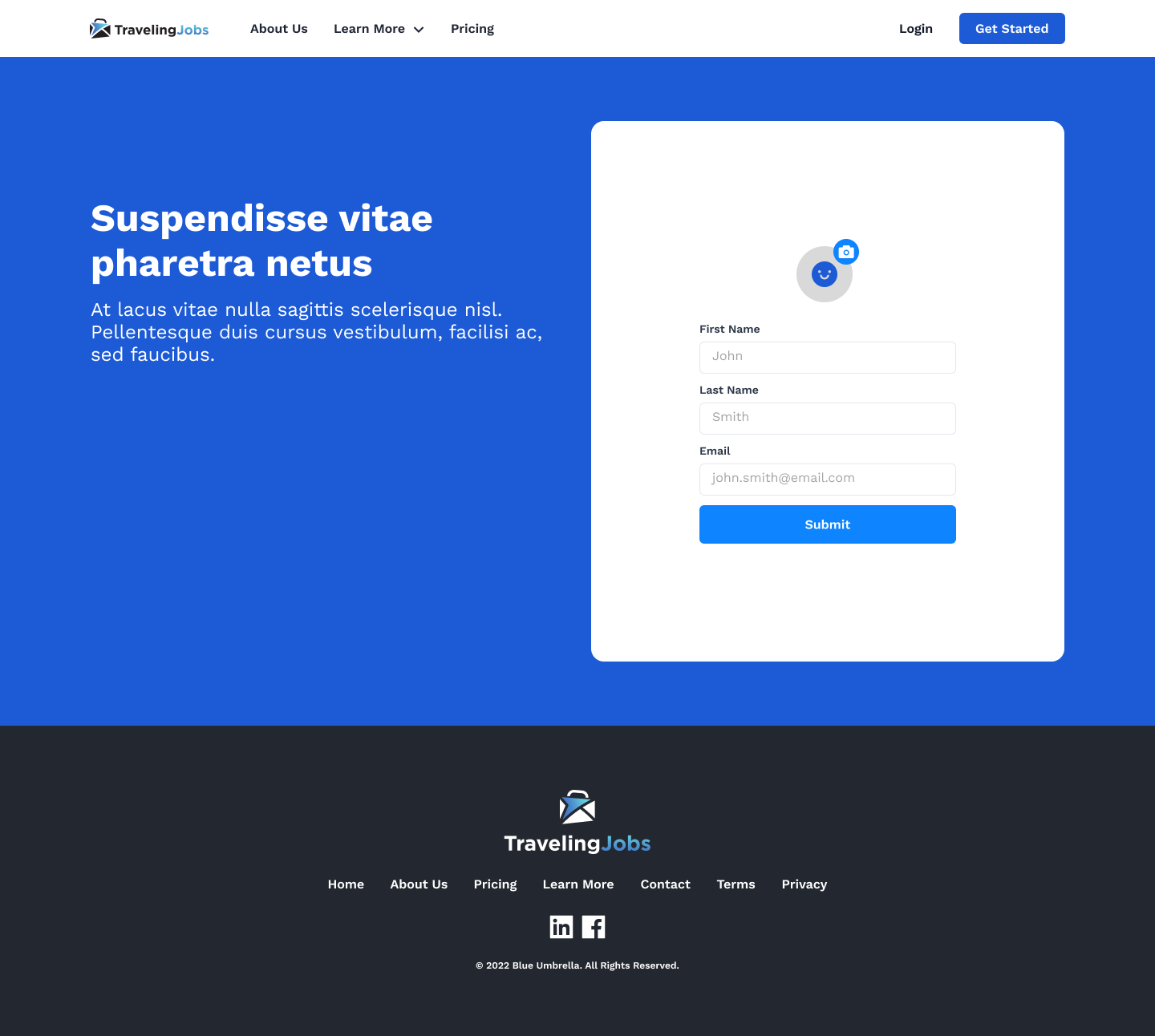 High-fidelity sign-up screen in brand blue with a centered form, above a dark footer.