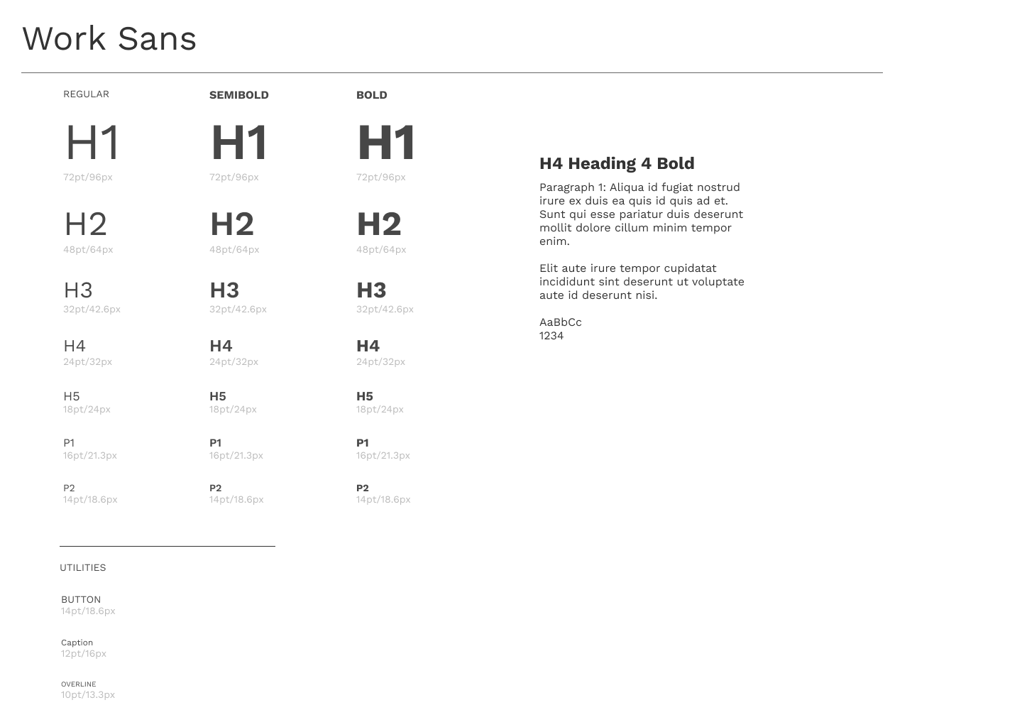 Typography specimen: Work Sans in regular, semibold and bold, H1 through paragraph sizes.